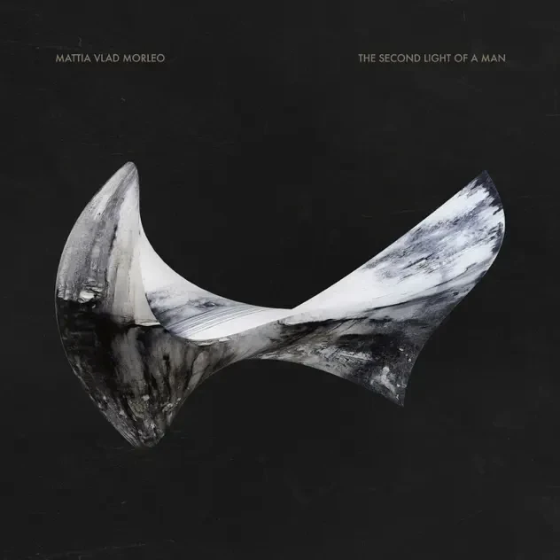 Abstract sculpture resembling a twisted shape with a dark, cloudy texture, set against a plain black background. Upper text reads "Mattia Vlad Morleo" and "The Second Light of a Man.